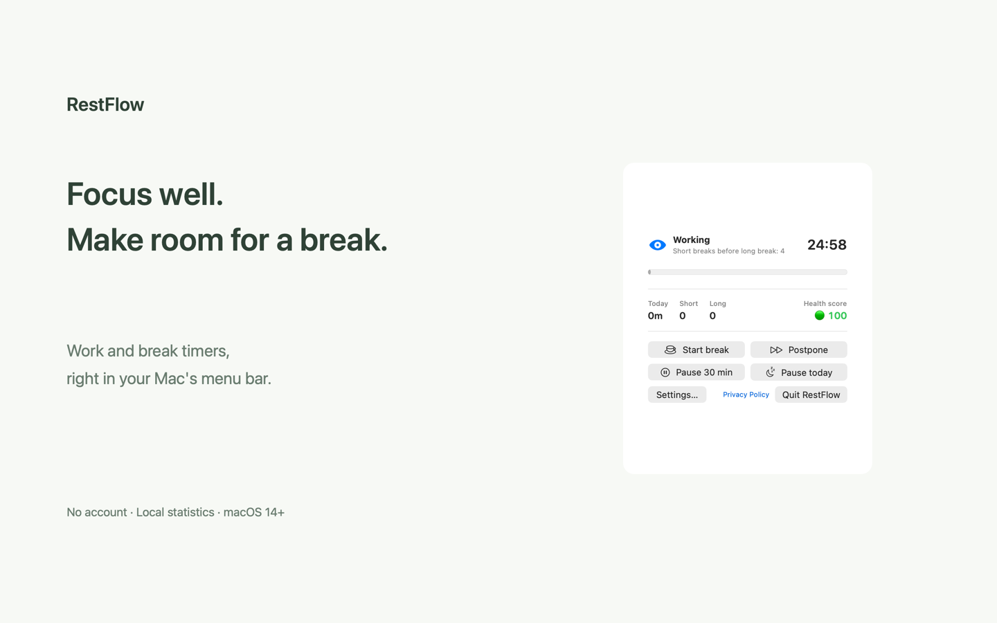RestFlow English menu bar interface with the work timer, break controls, and today’s statistics